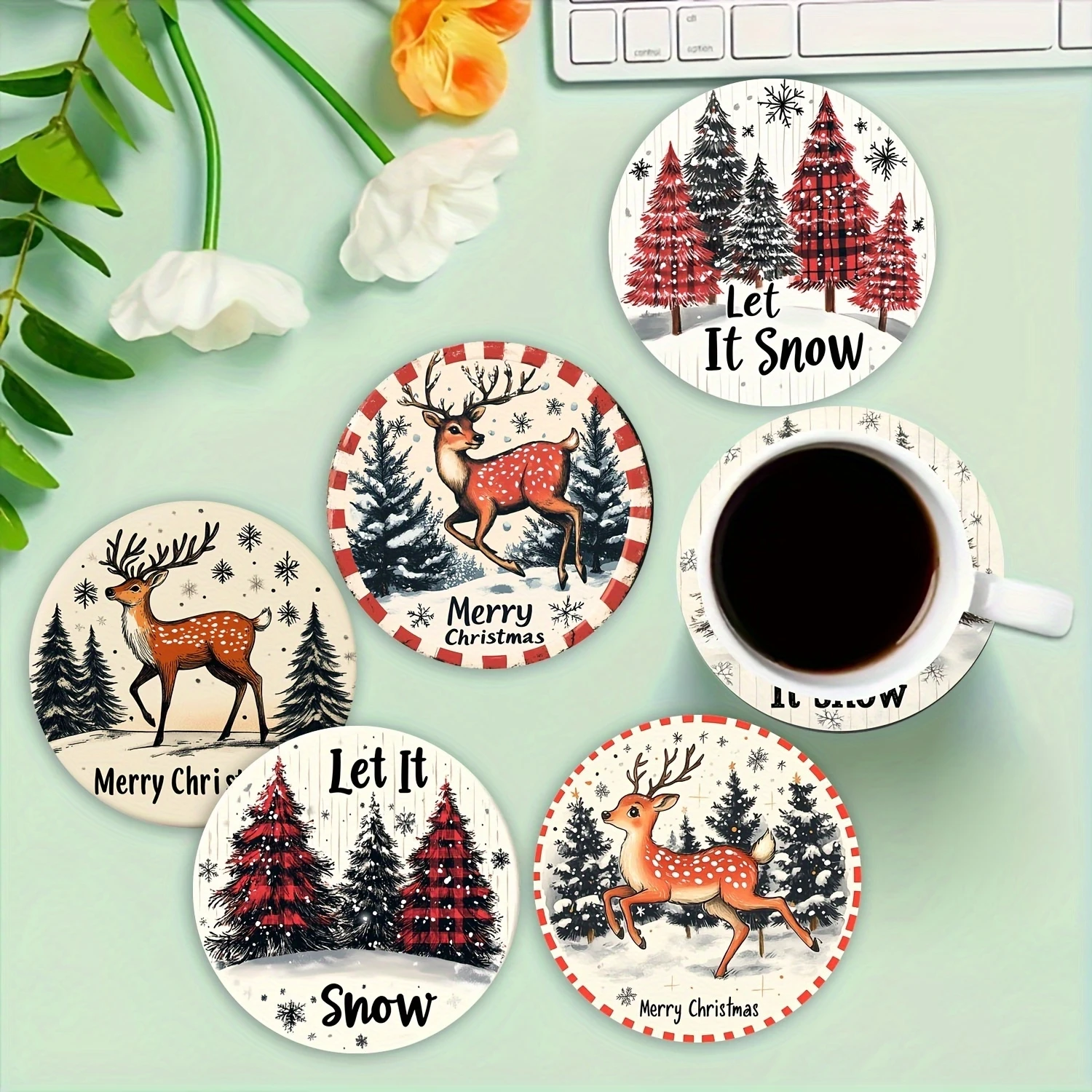 Weihnachtsrunde hölzerne Anti-Verbrühungs-Bechermatte, 2D-kariertes Muster mit Hirsch-Kiefern- und Schneeflocken-Design, Urlaubsparty-Tischdekoration Image