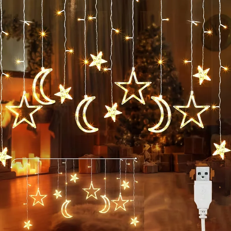 USB-betriebene Stern-Mond-Lichterkette, warm/mehrfarbig, zum Aufhängen, LED-Lichterkette, Vorhang-Lichterkette für Zimmer, Weihnachten, Neujahr, Dekoration