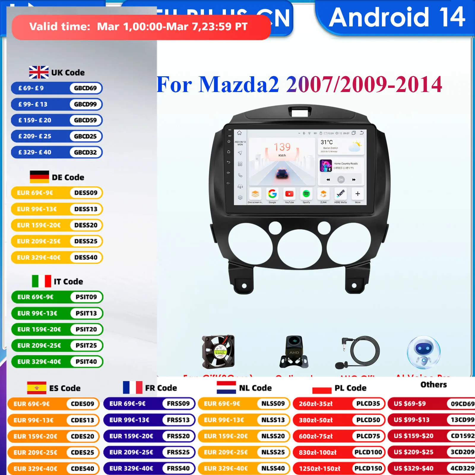 9'' 7862 Intelligente Bildschirm 2din Android Auto Radio Multimedia Video Player für MAZDA 2 Mazda2 2007 - 2014 GPS Carplay Auto RDS Image