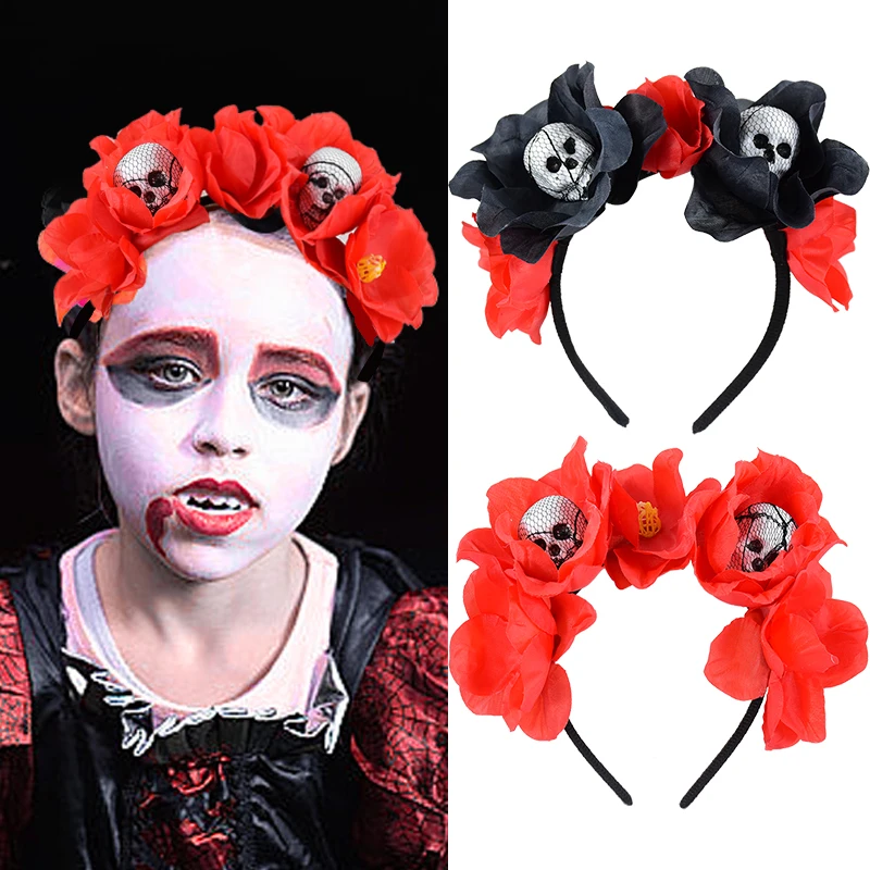 Halloween Rose Skull Stirnband Totenkopf Haarband Schwarze Blumenkrone Tag der Toten Kopfschmuck Halloween Gothic Kostümzubehör Image