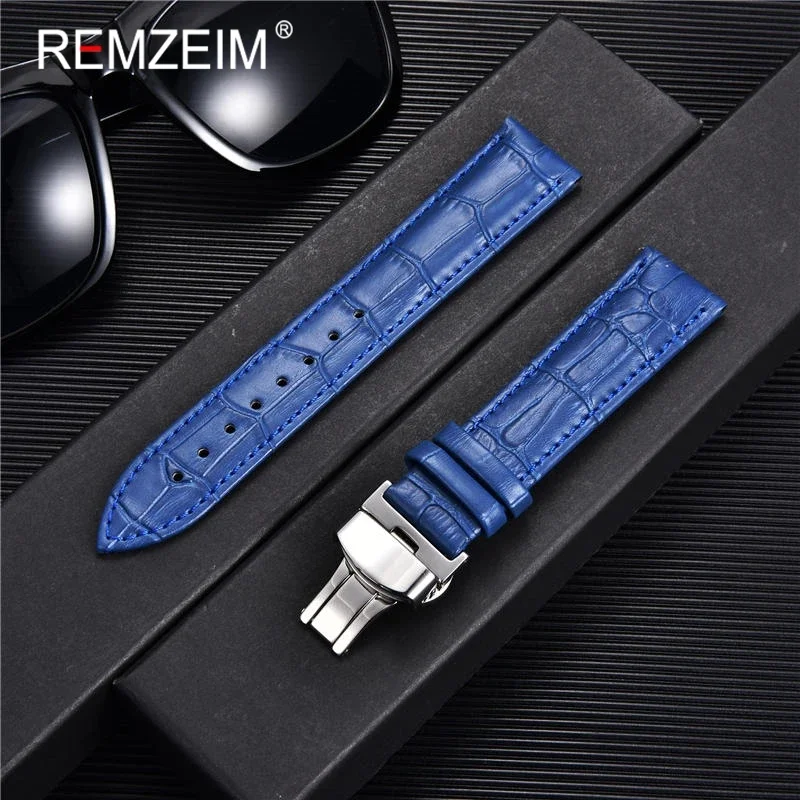 REMZEIM Uhrenzubehör Uhrenarmband 18mm 20mm 22mm 24mm Rindsleder Uhrenarmband Blau Grün Rot Braun Schwarz Armband Image