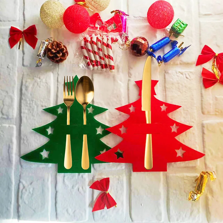 Weihnachtsdekorationen aus Filzstoff, Messer- und Gabel-Sets, Party, Mini-Weihnachtsbaum, Gabel und Löffel, Besteck, Tasche, Tischdekoration Image