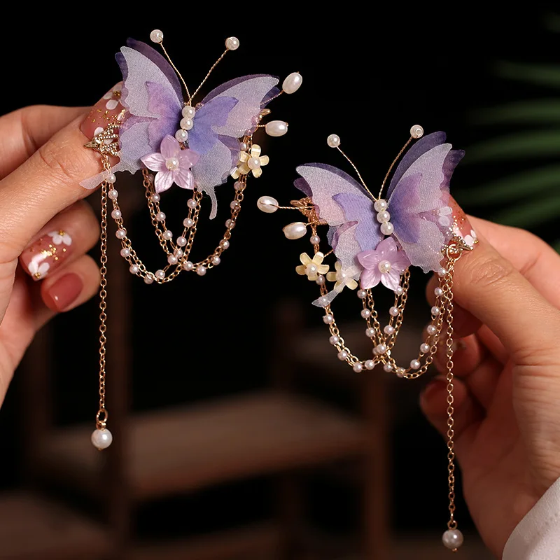 2 stücke Lila Schmetterling Haar Clips Chinesische Perle Quaste Haarspangen Vintage Blume Fringe Schritt Schütteln Retro Han Kostüm Party Haarnadel