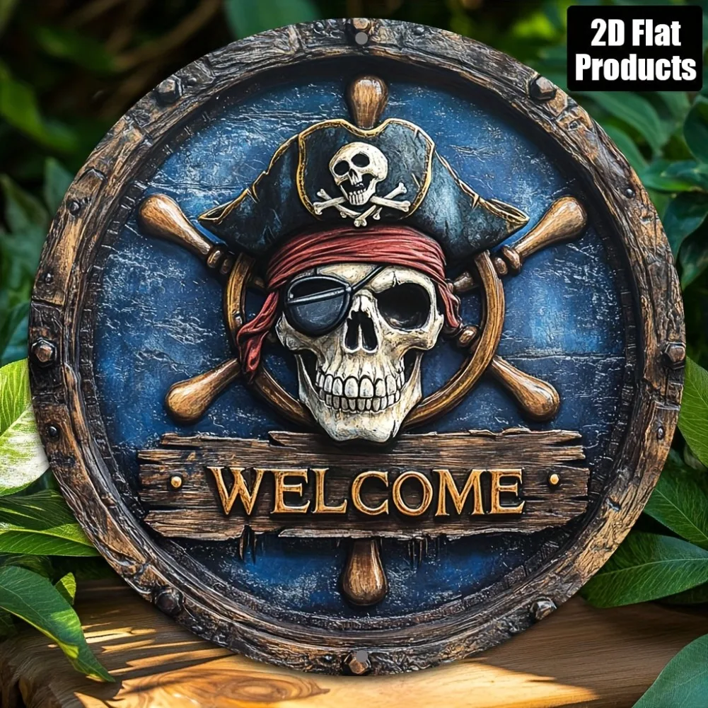 Piratenskelett und gekreuzte Knochen, 2D-Wandkunst aus flachem Metall – 1 Stück 7,87 Zoll rundes Aluminiumschild mit „WILLKOMMEN“-Planke Image