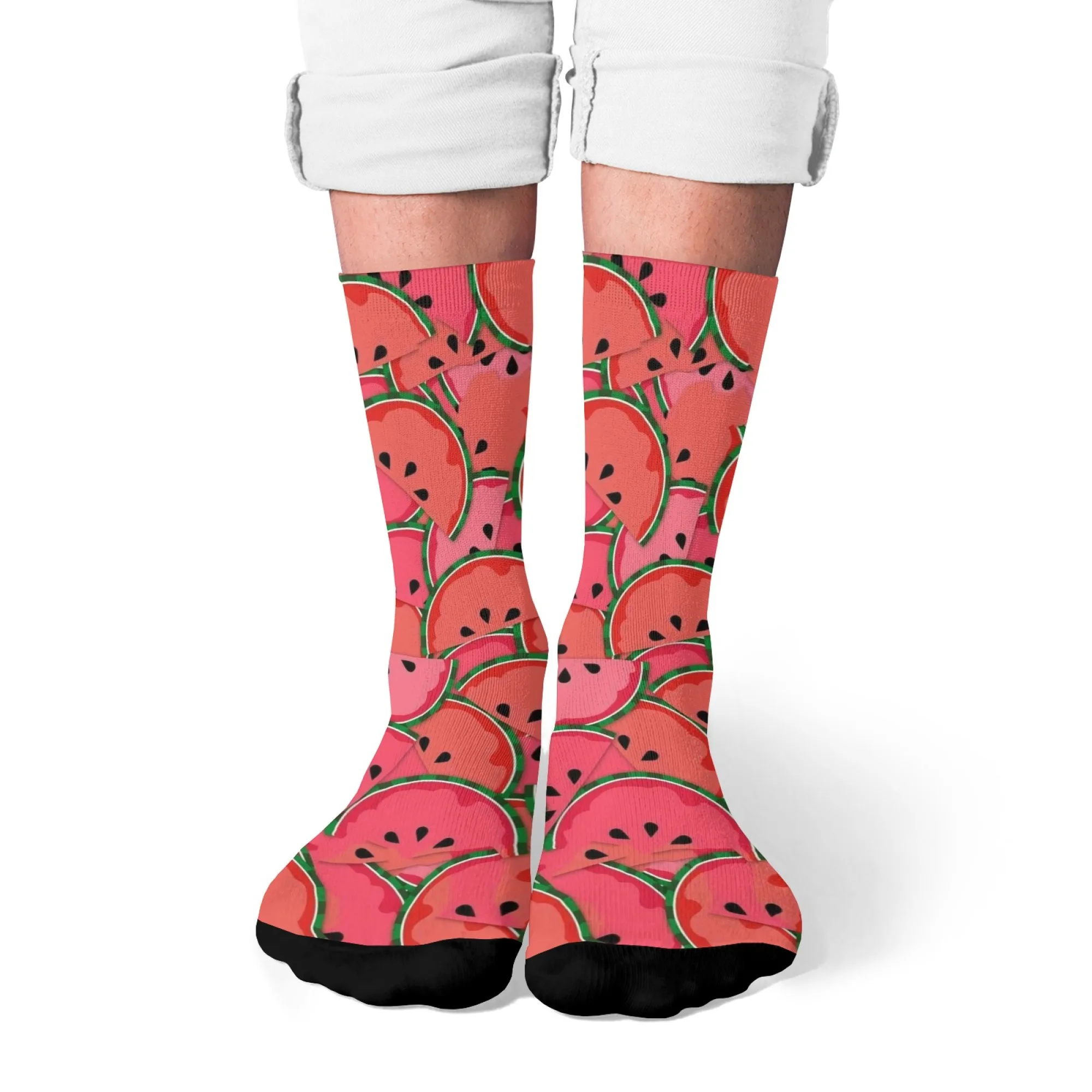 Unisex-Socken für den Sommer, frische Wassermelone, Volldruck, mittelhohe Socken, heller Wassermelonenscheiben-Druck, rosa-grün, erfrischend, auffällig Image