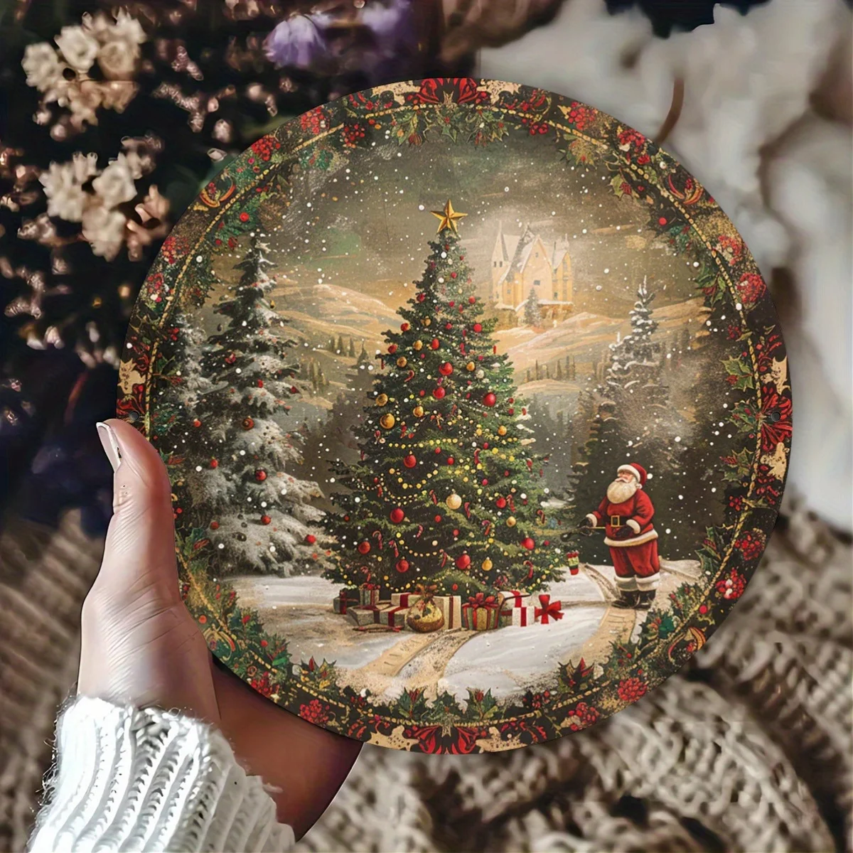 1 Stück Weihnachtsbaum-Wunder: Santa's Gift Night Vintage-Aluminium-Blechschild – 20,3 x 20,3 cm große Metall-Wandkunst für drinnen und draußen mit Santa Cla Image