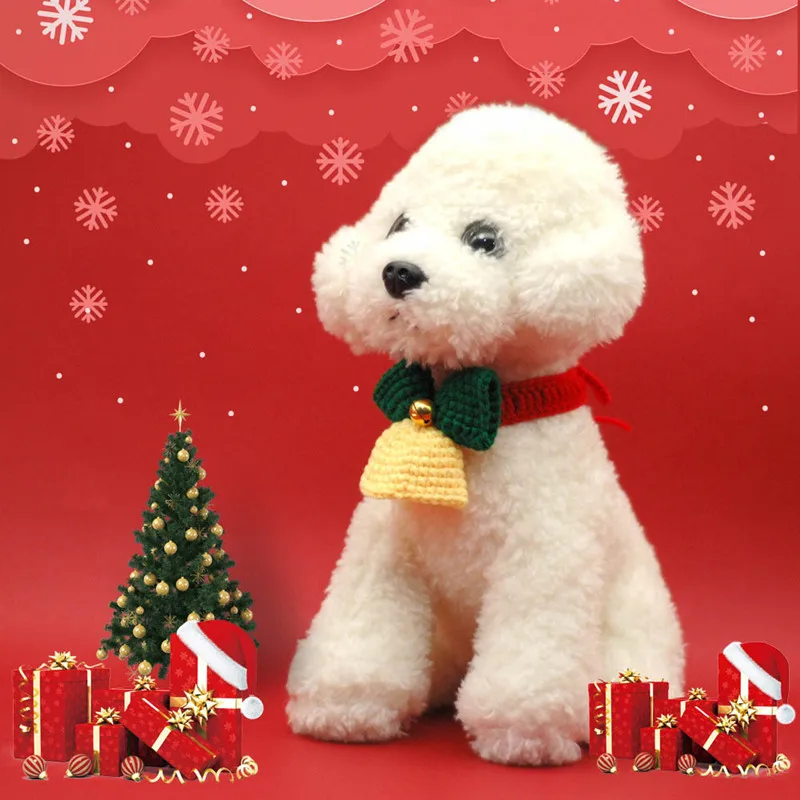 Weihnachtsstrick-Haustierhalsband, verstellbares gestricktes Weihnachtshalsband mit Glöckchen, handgefertigtes Weihnachtsgeschenk für Hunde und Katzen Image