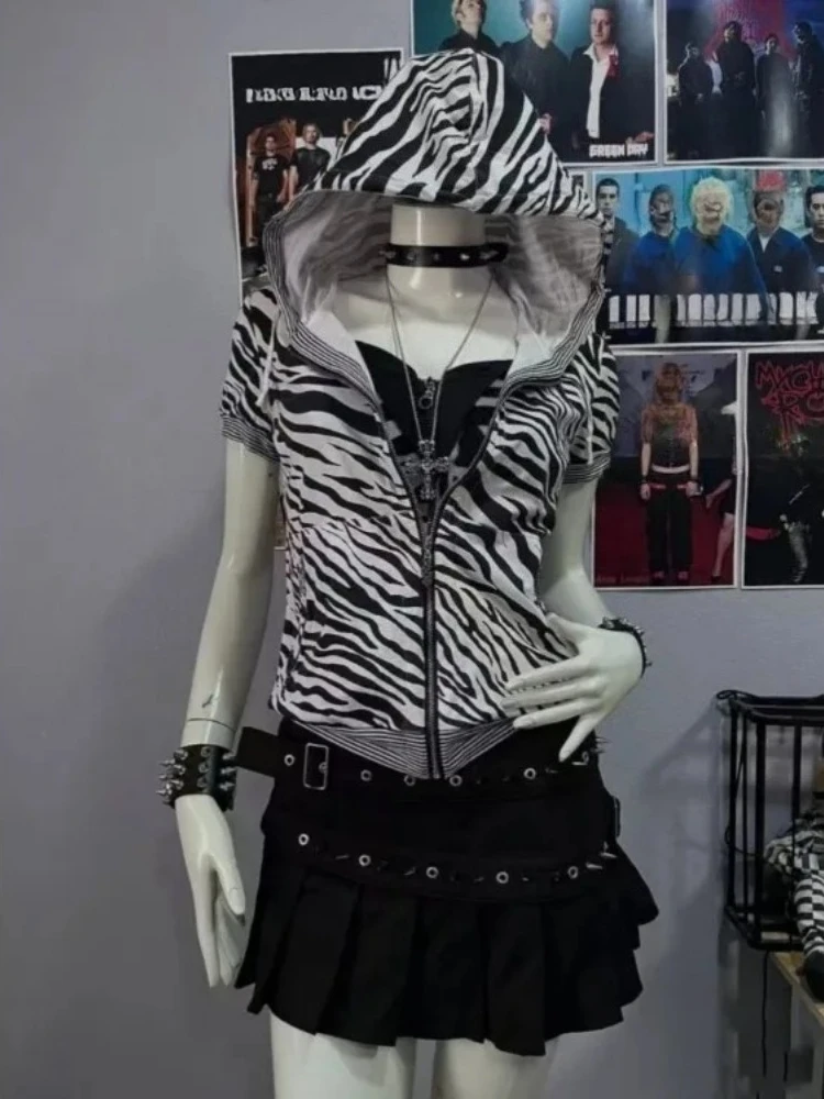 2026 Zebra Print Zip Up Hoodie Women's Clothing Hooded Short Sleeve Sweatshirts Y2k Tops Punk Causal Tees Fashion Summer Hoodies