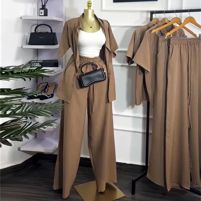 Zwei Stück Sets Hose Set Frauen Drehen Unten Kragen Kurzarm Shirt Top Breite Bein Lange Hosen Beiläufige Lose Hohe Taille Y2k Streetwear Image