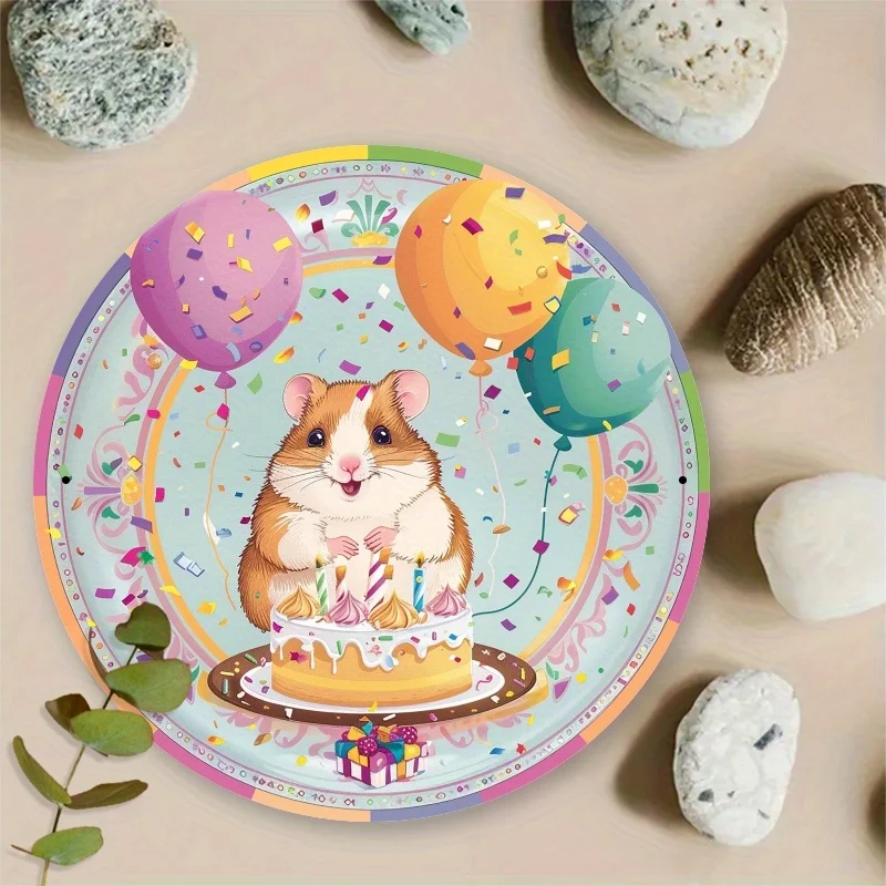 Raumdekoration, Hamster-Geburtstagsparty, rundes Aluminiumschild, 7,87 x 7,87 Zoll, 2D-gedruckte Metallwanddekoration, lustiges und skurriles Zuhause und Büro Image