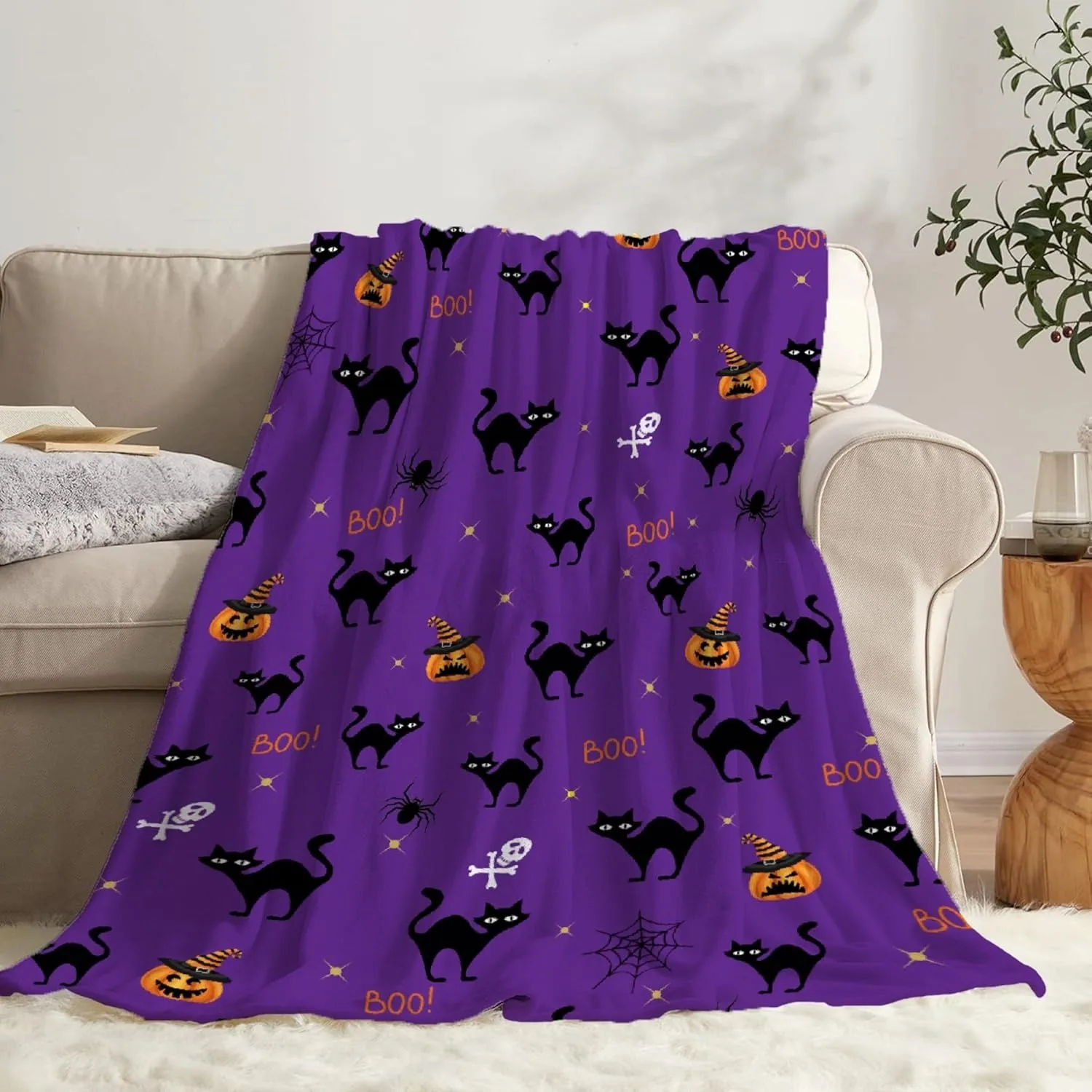 1PC Halloween Decke Schwarze Katzen Kürbis Schädel Fledermäuse Hexe Dünne Decke Geschenke für Couch Bett Auto Hause Camping alle saison verwenden Image
