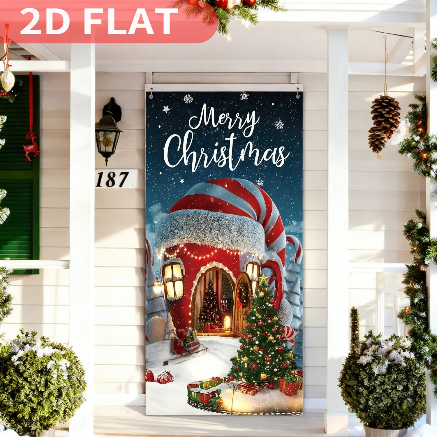 1 Stück Weihnachtsdekoration Frohe Weihnachten Türabdeckung Weihnachten Hintergrund Banner, 3x6FT, langlebiges Polyester, Weihnachts-Fotokabinen-Requisiten Image