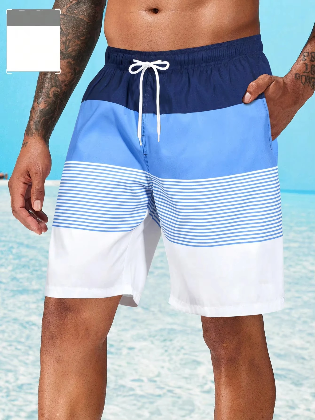 2025, gestreifte, bedruckte Strandshorts mit Kordelzug und weitem Bein für Herren, lockere und schnell trocknende Sporthose, Badeshorts für den Strandurlaub Image