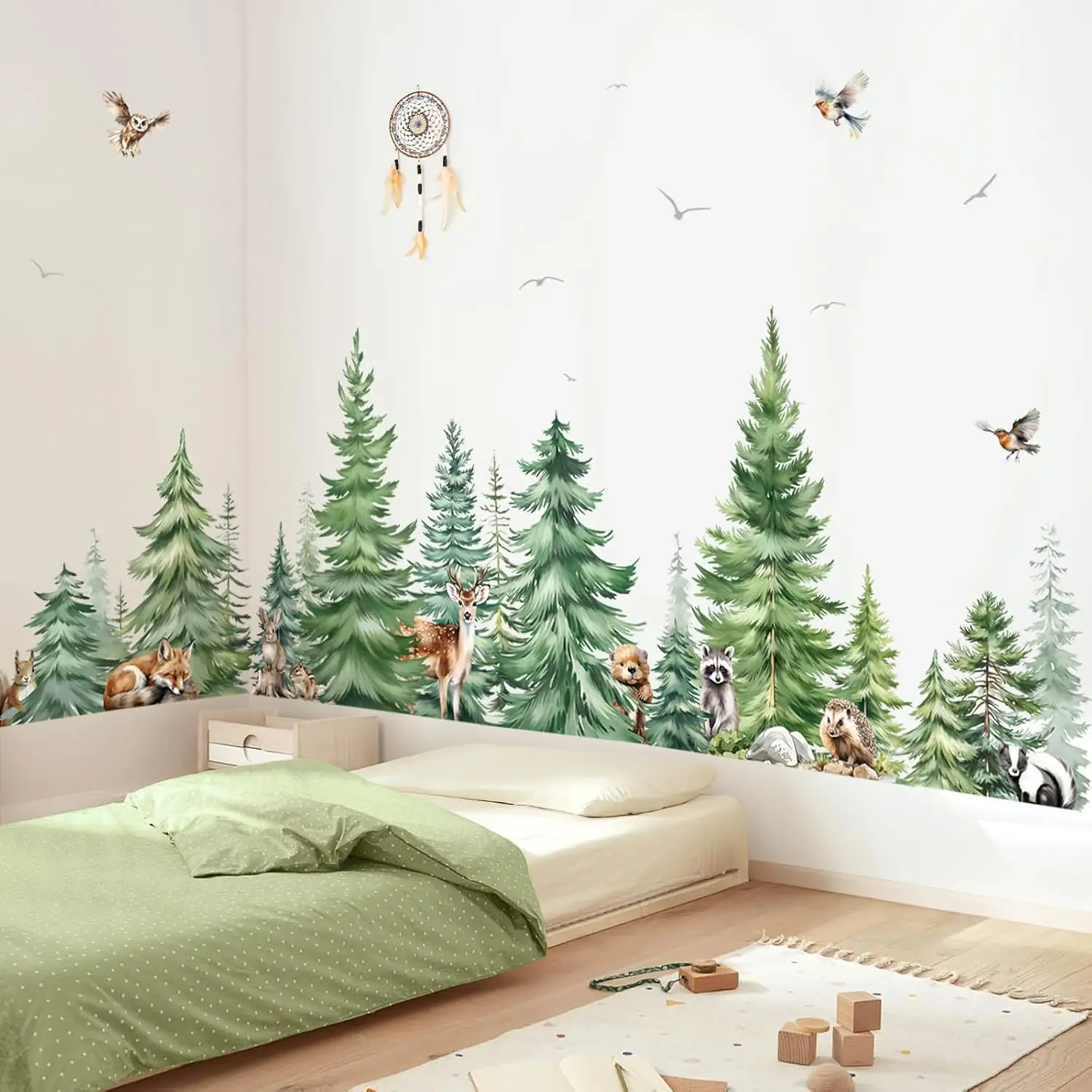 Große Aquarell Kiefer Tiere Wandaufkleber Kinderzimmer Schlafzimmer Wald Wald Baum Fuchs Hirsch Bär Wandtattoos Baby Kinderzimmer