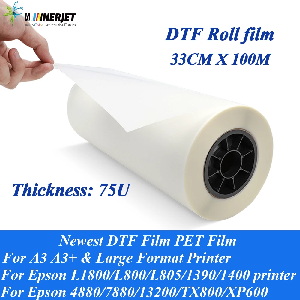 Winnerjet 33 cm * 100 m DTF-Rollenfolie PET-Rollenfolie für DTF-Tinte DTF-Pulver Transferdruck 75U dick für Epson L1800 I3200 XP600 Image