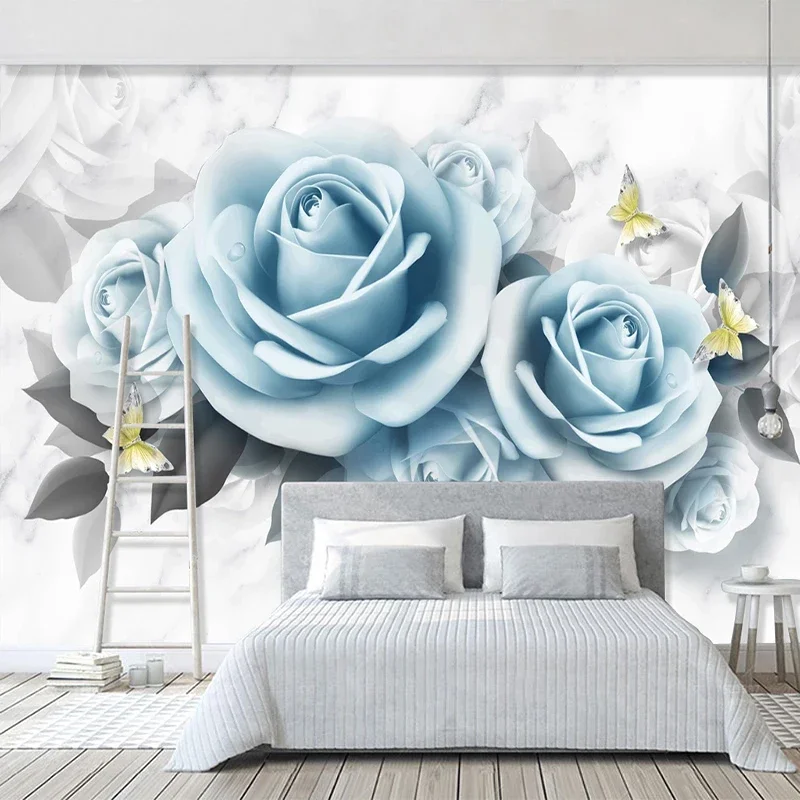 Benutzerdefinierte Fototapete für Schlafzimmerwände 3D Blaue Rose Blume Schmetterling Modernes Wohnzimmer Restaurant Dekoration Wandbild Papier Image