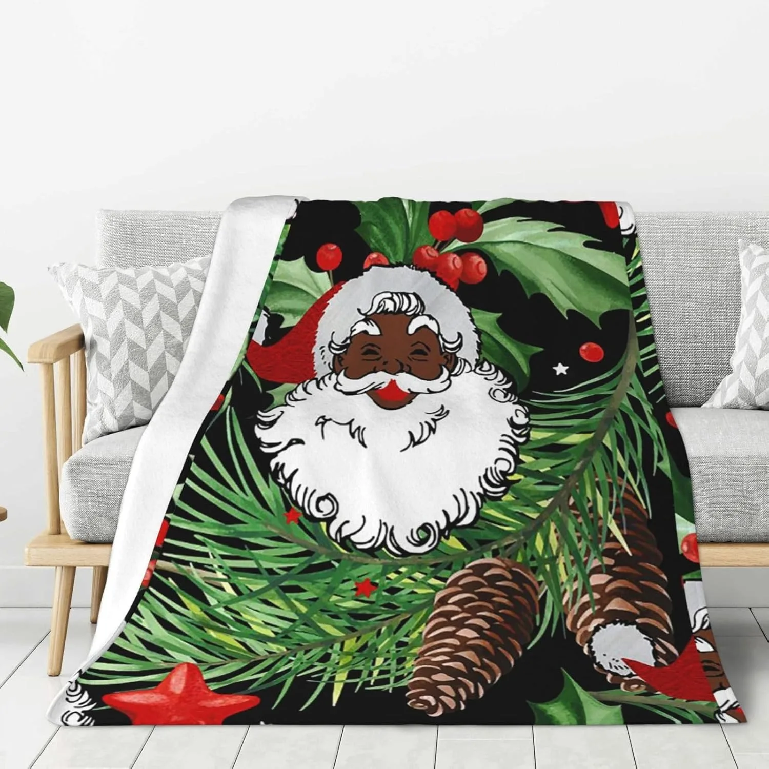 1PC Werfen Weihnachten Holly Schwarz Santa Claus Flanell Decke Weihnachten Urlaub Werfen Weiche Leichte Fuzzy Plüsch Dekorative Wirft Geschenke Image
