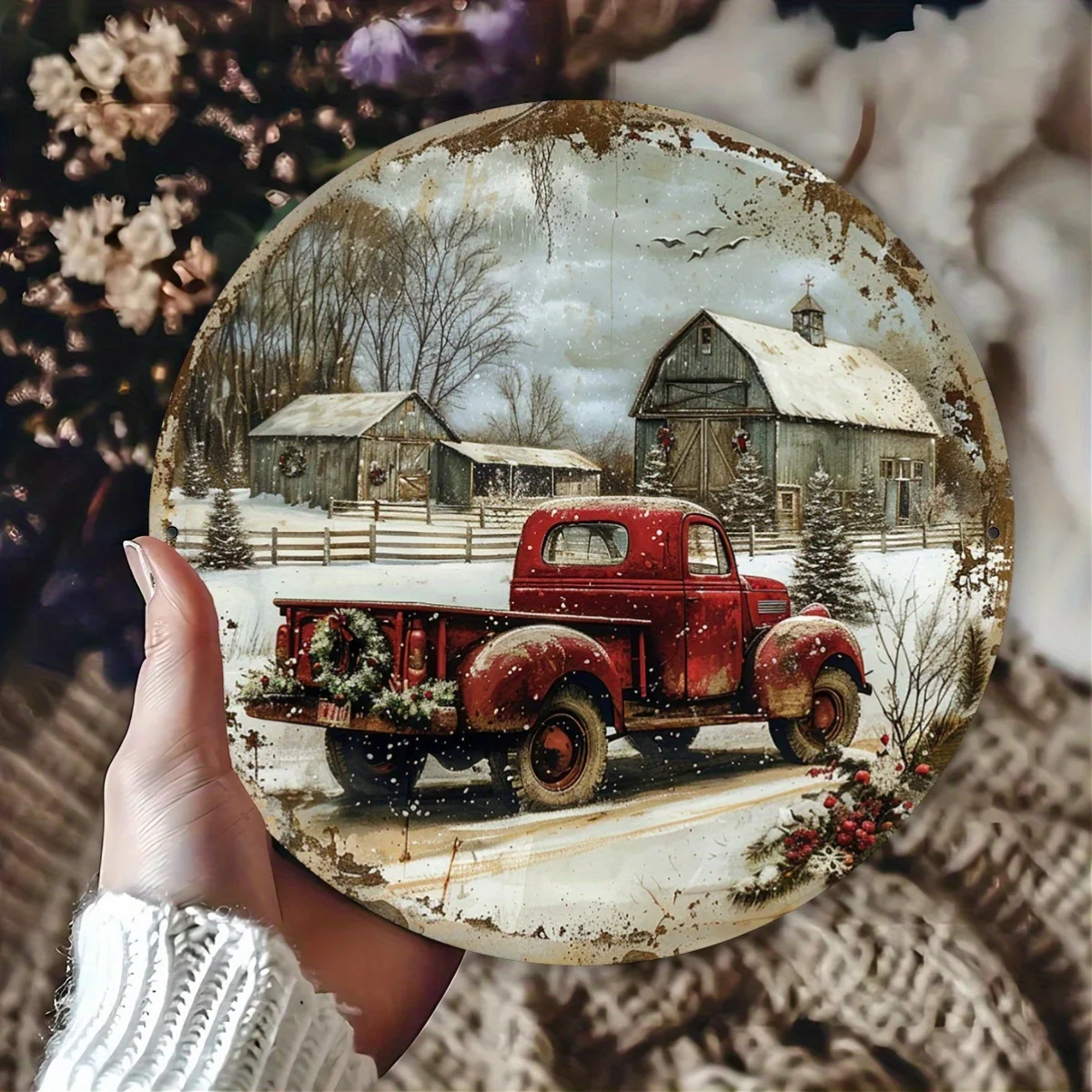 1 Stück Vintage-Weihnachts-LKW-Rundschild aus Aluminium, festliche Feiertagsdekoration, 20,3 x 20,3 cm, für Zuhause, Café, Restaurant drinnen/draußen Image