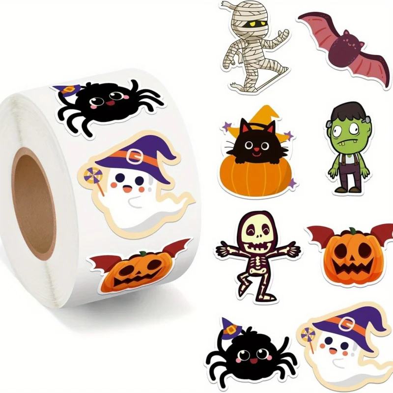 500 Stück süße Halloween-Aufkleber für Halloween, selbstklebende Aufkleber-Rollenetiketten mit Kürbis, Zubehör für Halloween-Party-Dekorationen Image