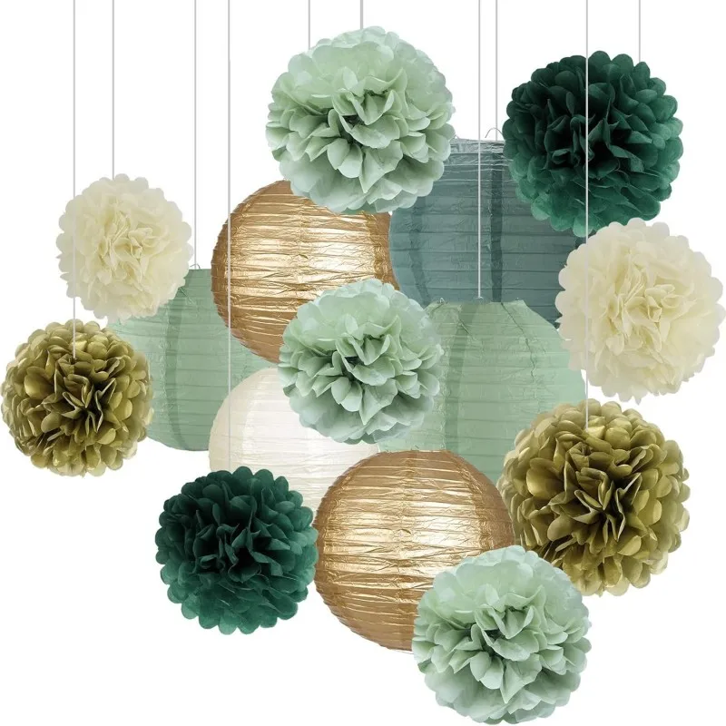 15 Stück salbeigrüne Seidenpapier-Pompons, rote Weihnachtsblumen, Geburtstag, Babyparty, wilder Safari-Dschungel, botanisches Grün Image