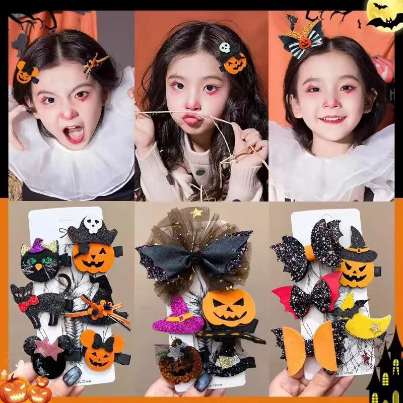 Halloween-Haarschmuck-Set – Kürbis-/Fledermaus-/Hexenhut-Clip, glitzernde Schleife und Ornamente für Mädchen, Cosplay, Party-Kostüme Image