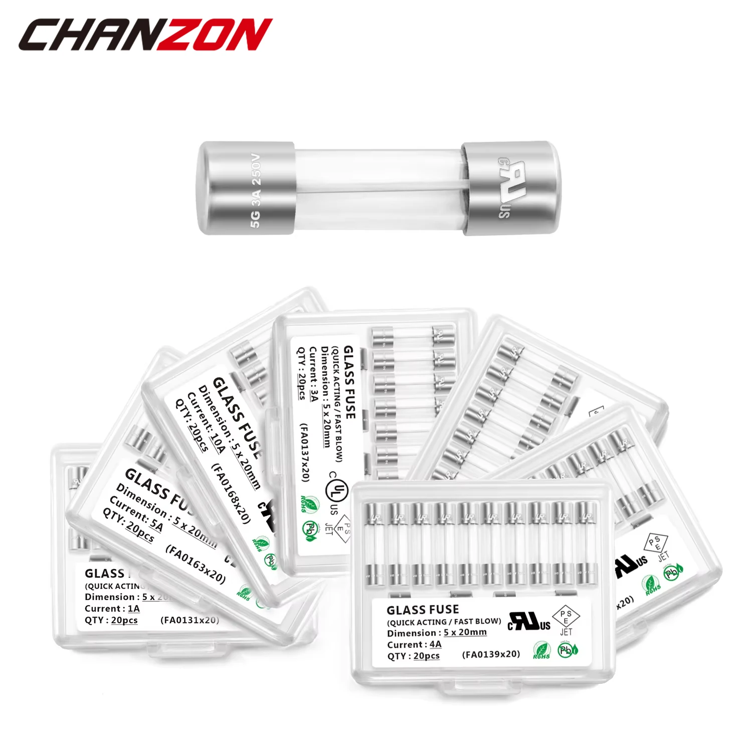 20 Stück 5 x 20 mm Glasrohrsicherung, schnell, langsam, 5 x 20 mm, 0,5 A, 1 A, 2 A, 3 A, 4 A, 5 A, 6 A, 6,3 A, 8 A, 10 A, 12 A, 15 A, 250 V, 125 V, 12 V, Abschaltungssicherung Image