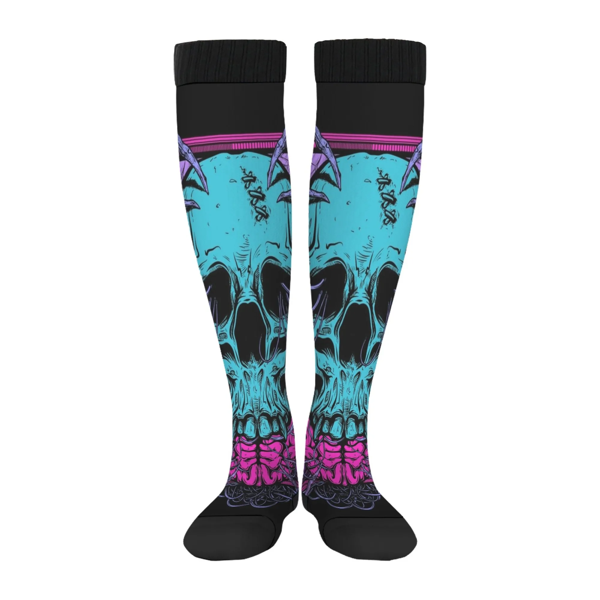 Gothic Art Kniestrümpfe, schwarze Basis mit lebendigen lila und purpurroten Totenkopfmotiven, durchgehende Rankenakzenten für Halloween, verrückte Party