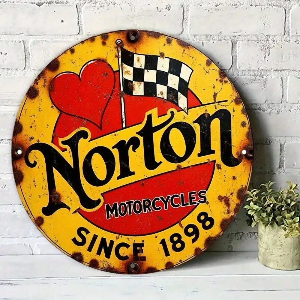 Norton Motorcycles Wandkunst, 8 Zoll großes Vintage-Metallschild aus Aluminium mit kariertem Flanellmuster Image