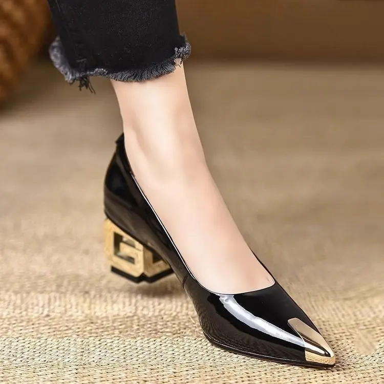 Women's Low-cut Shoes 2026 Spring Autumn Fashion Low Heel Pumps Classic Metal Toe Pointed High-heeled Office Shoes Lolita Shoes