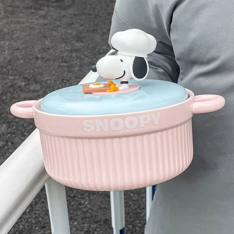 Snoopy Ceramic Rice Bowl Cute Instant Noodle Dormitory Student Soup Bowl with Handle Cover Household Porcelain Bowl