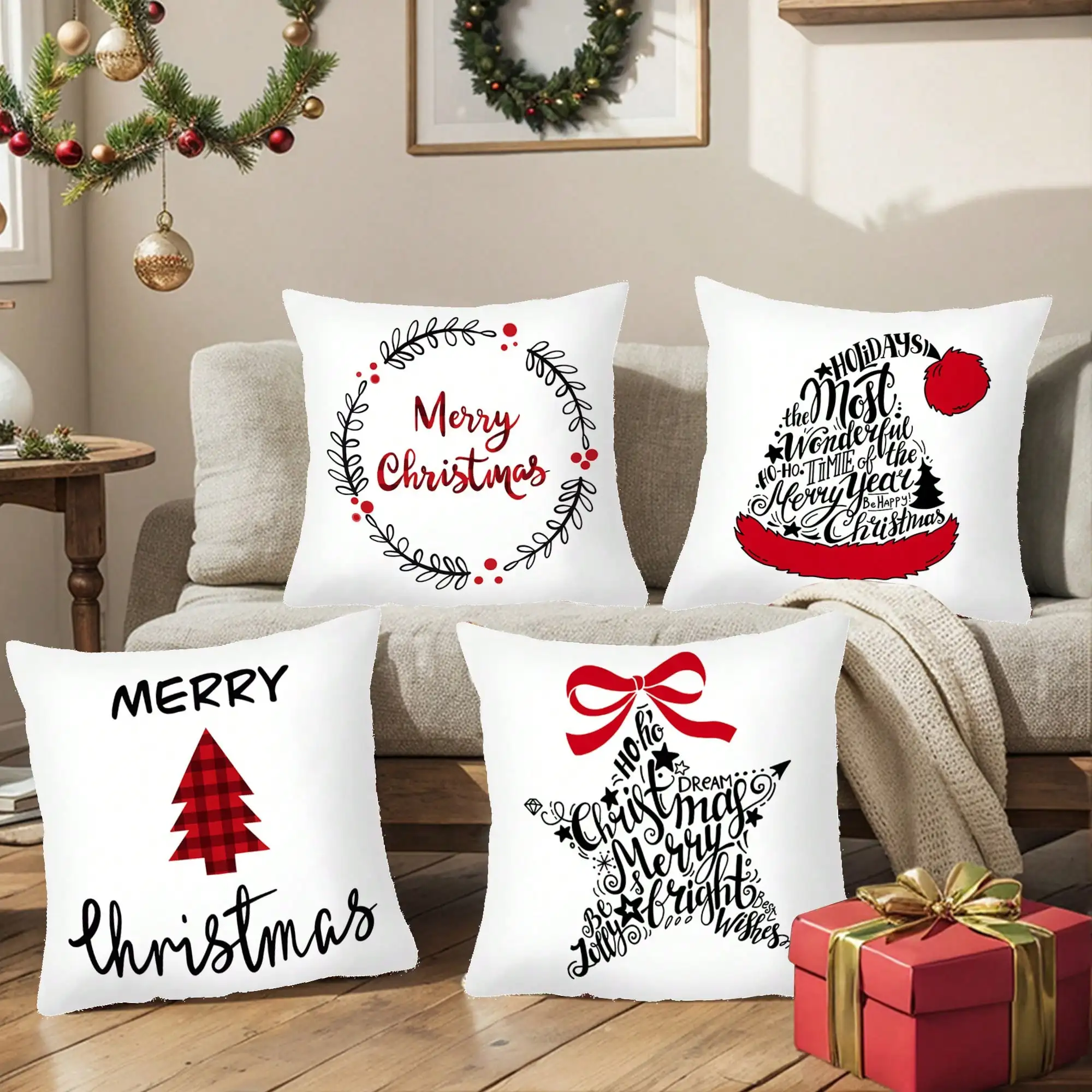 1 Stück/4 Stück 45 cm * 45 cm Weihnachtskissenbezug, frohe Weihnachtsdekorationen für Zuhause, 2026, Weihnachtsschmuck, Neujahrsgeschenke Image
