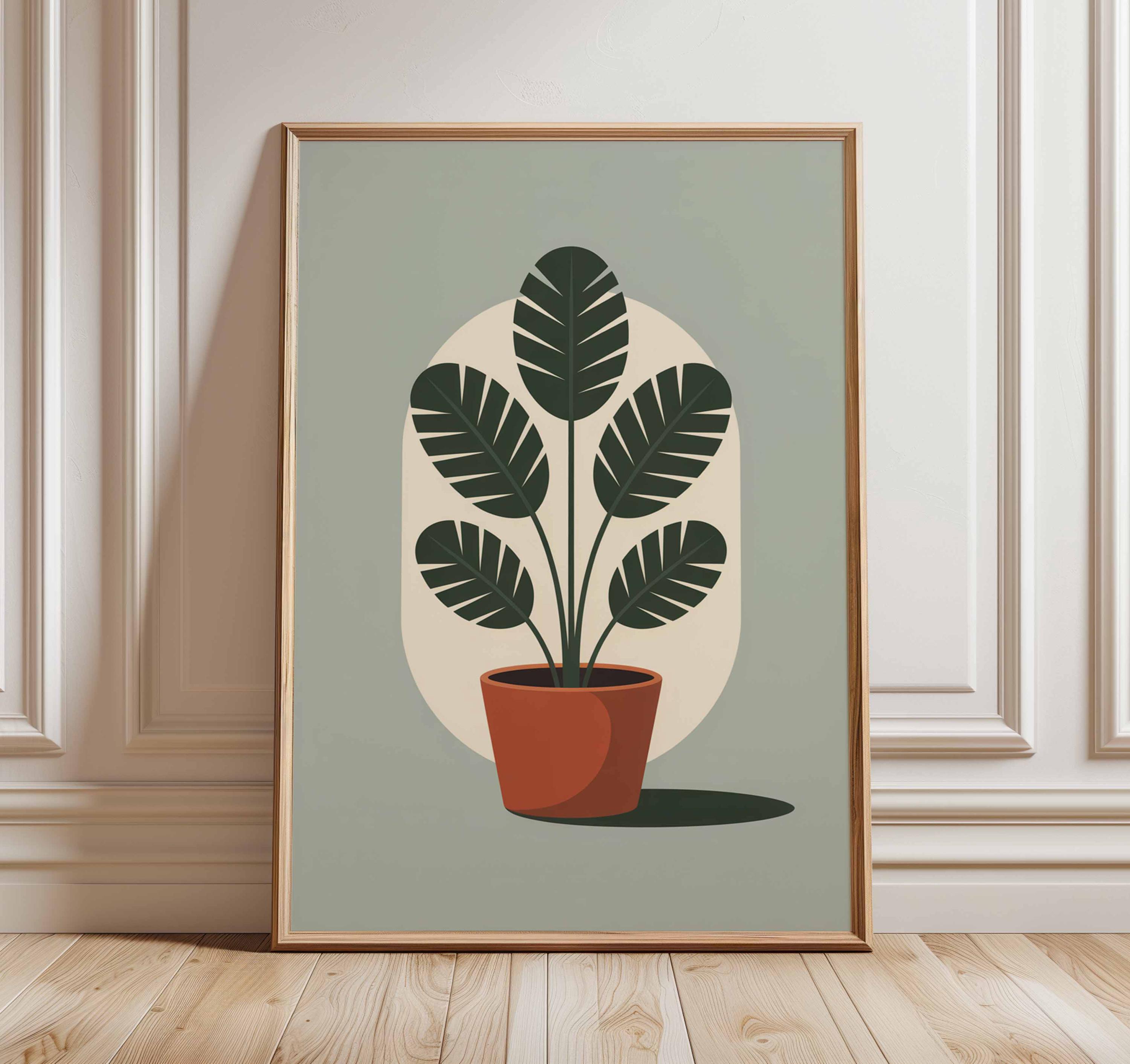 Poster con pianta in vaso, stampa artistica da parete botanica moderna di metà secolo, opera d'arte minimalista retrò con vegetazione, arredamento vin