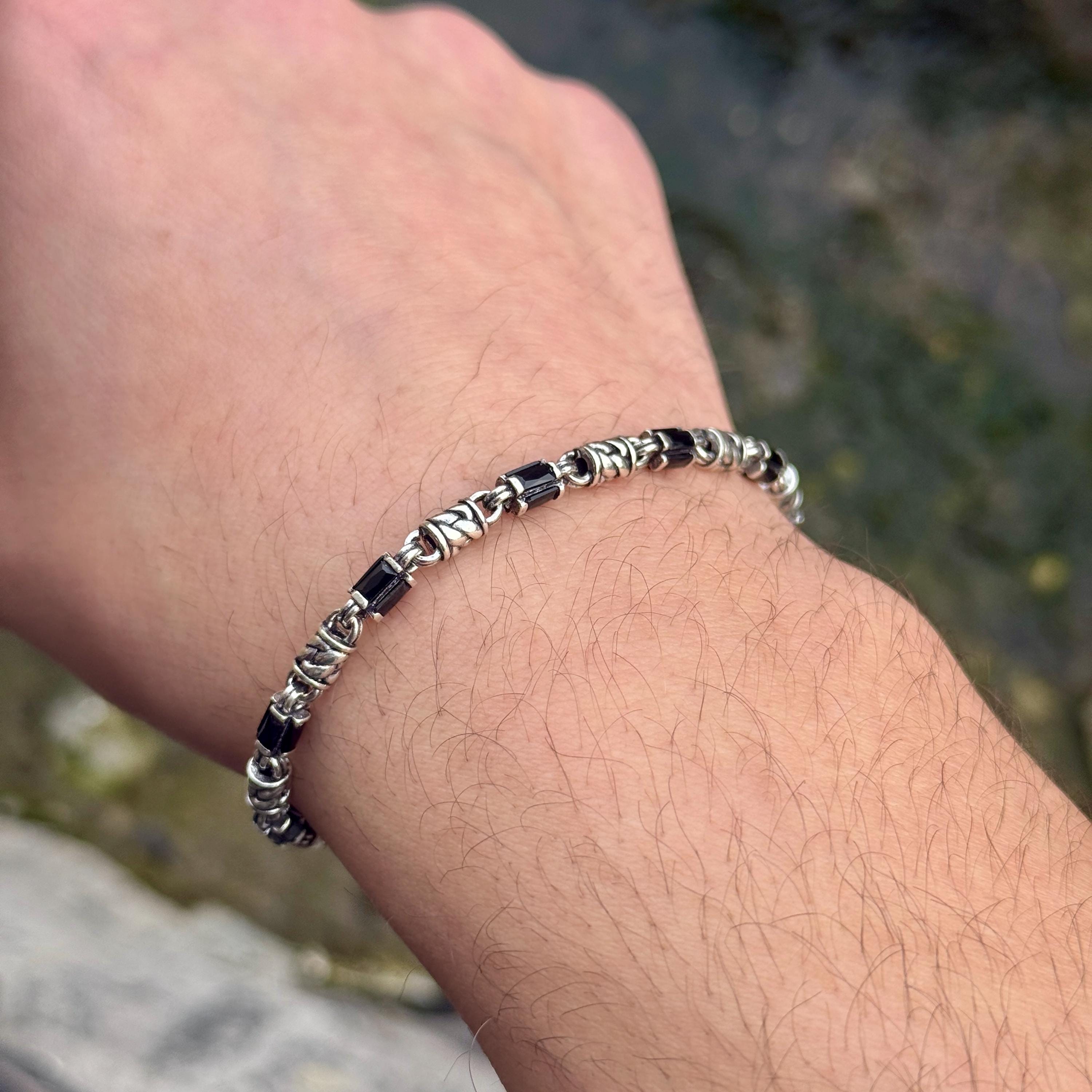 Bracciale a catena in argento 925 con onice nero, bracciale a catena bizantina con maglie nere, bracciale a catena di Bali, catena da uomo in argento