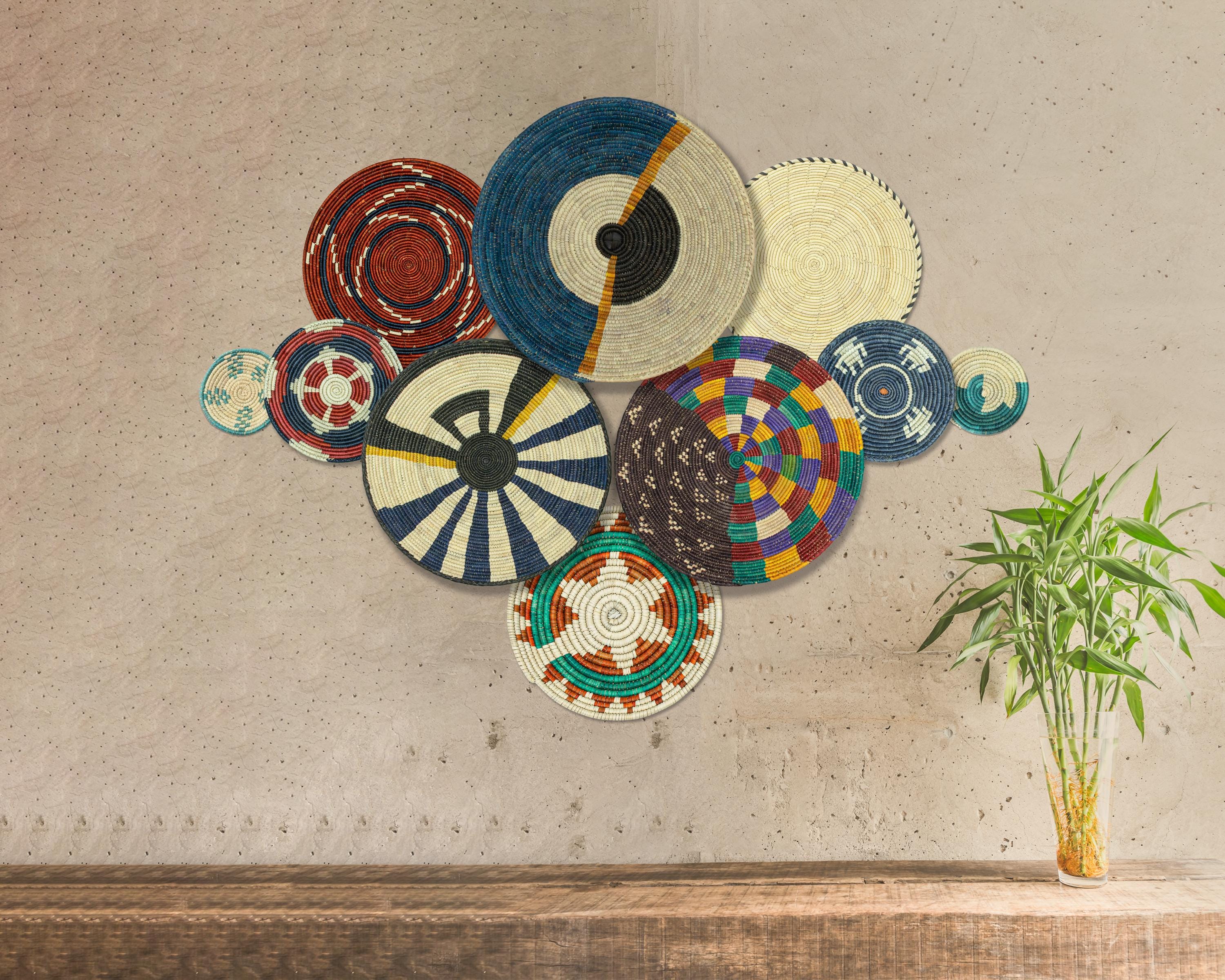 Set di 10 cestini da parete intrecciati a mano, decorazioni da parete in stile boho, cestini decorativi unici, cestini africani intrecciati, decorazio