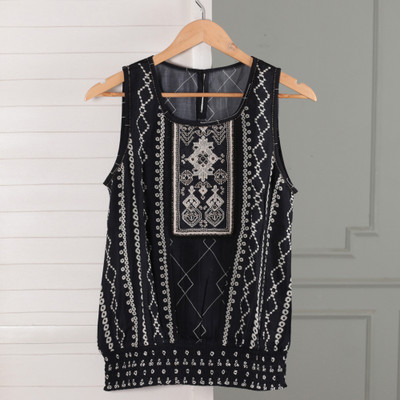 Easy Evening Glam,'Beaded Black and White Embroidered Sleeveless Modal Top'