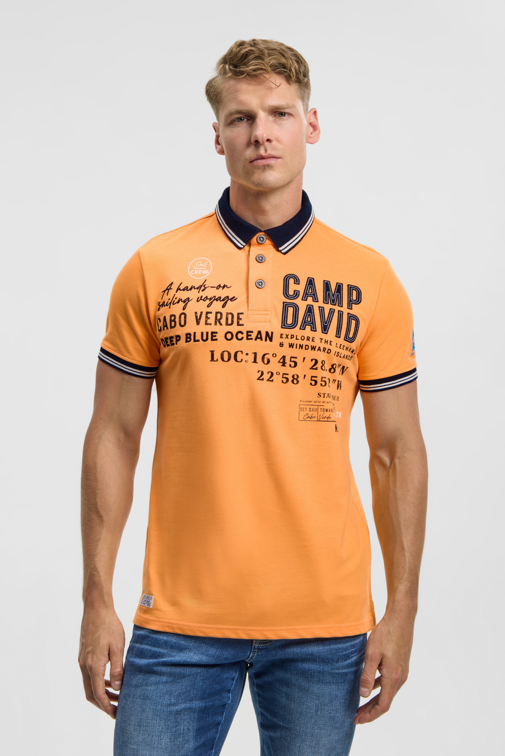 Poloshirt CAMP DAVID, Herren, Gr. XL, orange, Piqué, Material: 65% Polyester, 35% Baumwolle, bedruckt, bestickt, regular fit normal, hoch geschlossener Ausschnitt, eingesetzt Bündchen, Shirts, mit Seitenschlitze