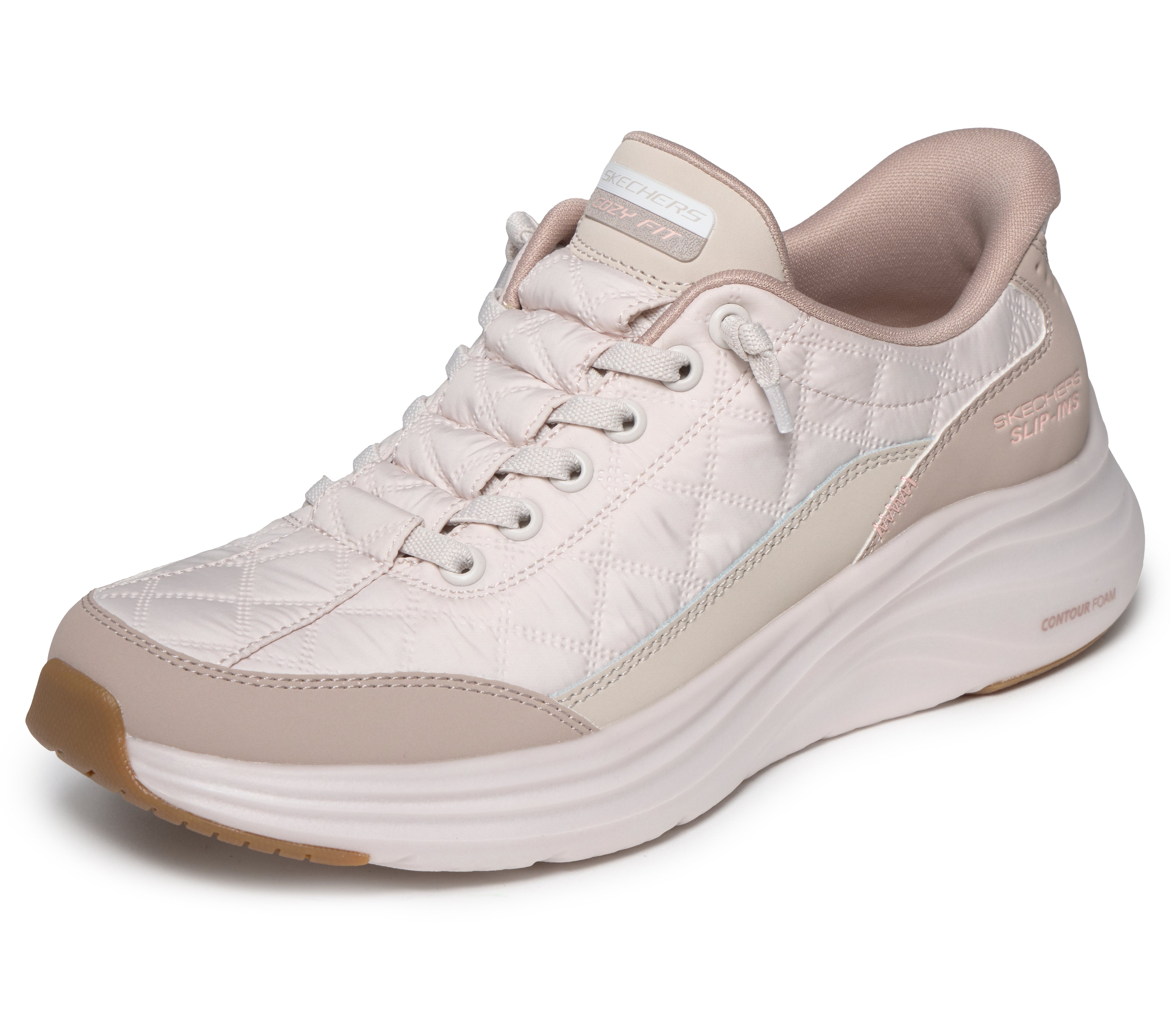 Slip-On Sneaker SKECHERS "Contour Foam - Cozy Fit", Damen, Gr. 39, natur, taupe, Lederimitat, Textil, Schuhe, Slipper mit Handsfree Slip-ins und gestepptem Cozy Fit™-Mesh
