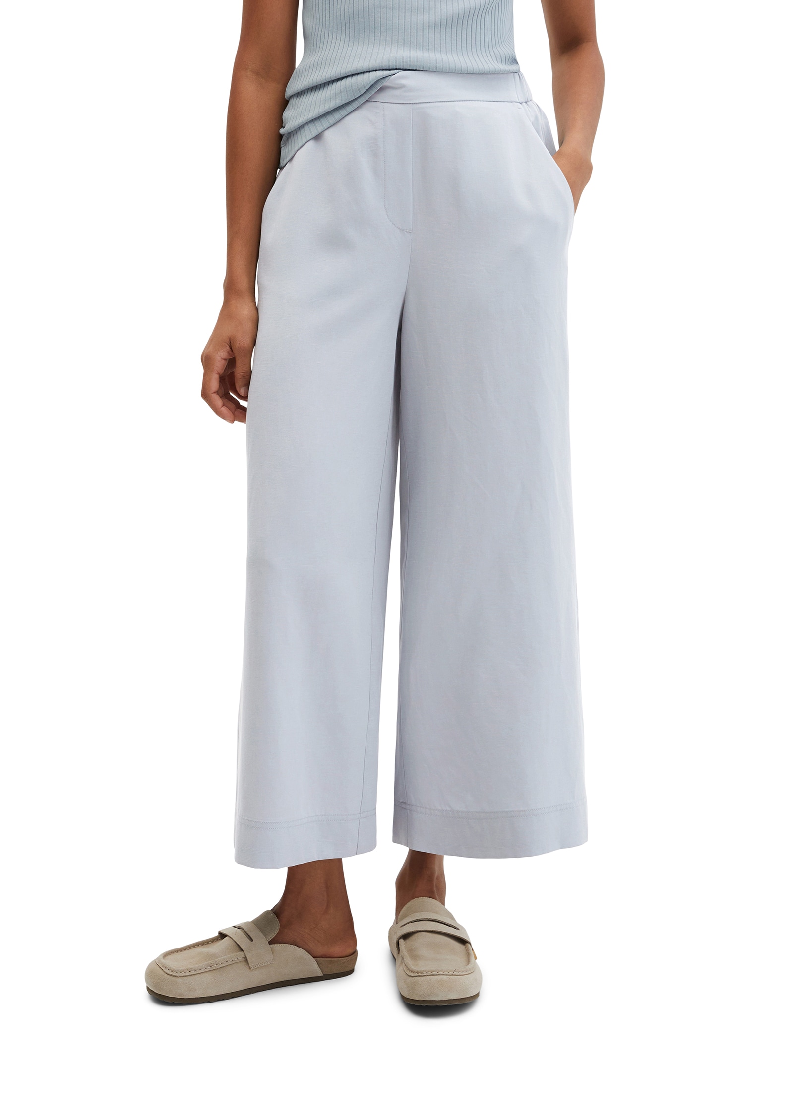 Dehnbund-Hose MARC O'POLO, Damen, Gr. 44, N-Gr, grau horizon, Web, Obermaterial: 90% Lyocell, 10% Leinen, relaxed fit, Hosen, Model Margo wide aus Lyocell-Leinen-Mix, elastischer Bund
