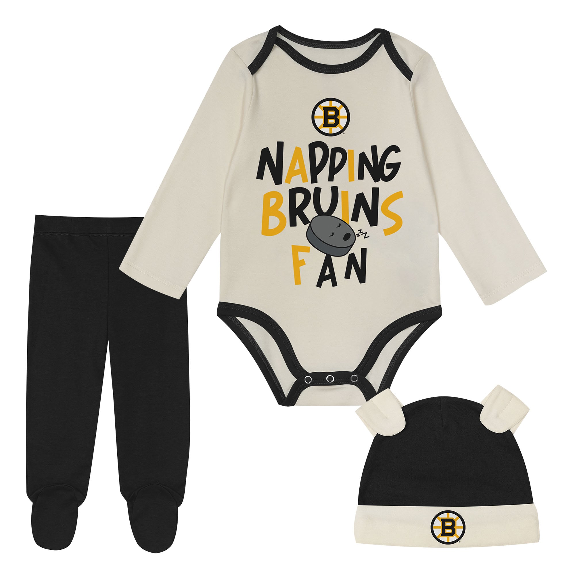 Boston Bruins Little Champ 3-teiliges Set aus Strampler, Hose und Mütze – Neugeborene