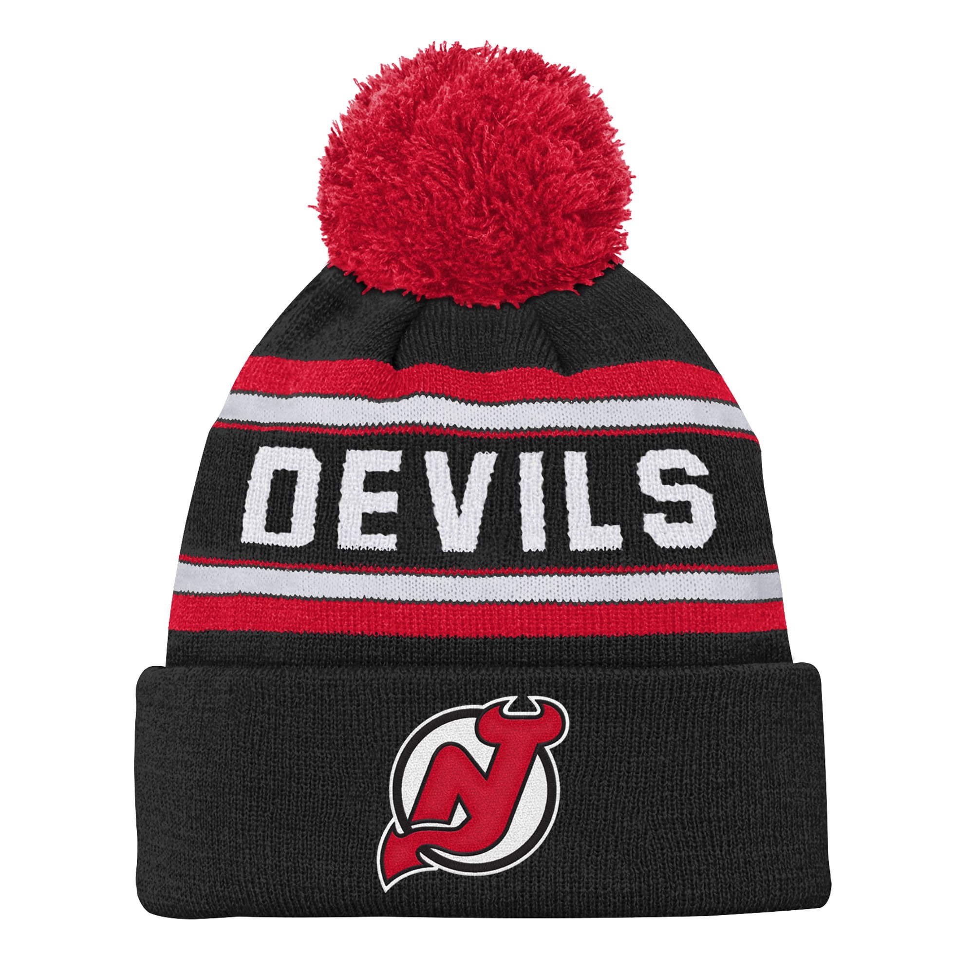New Jersey Devils Wortmarke Jacquard-Strickmütze mit Bommel – Jugendliche