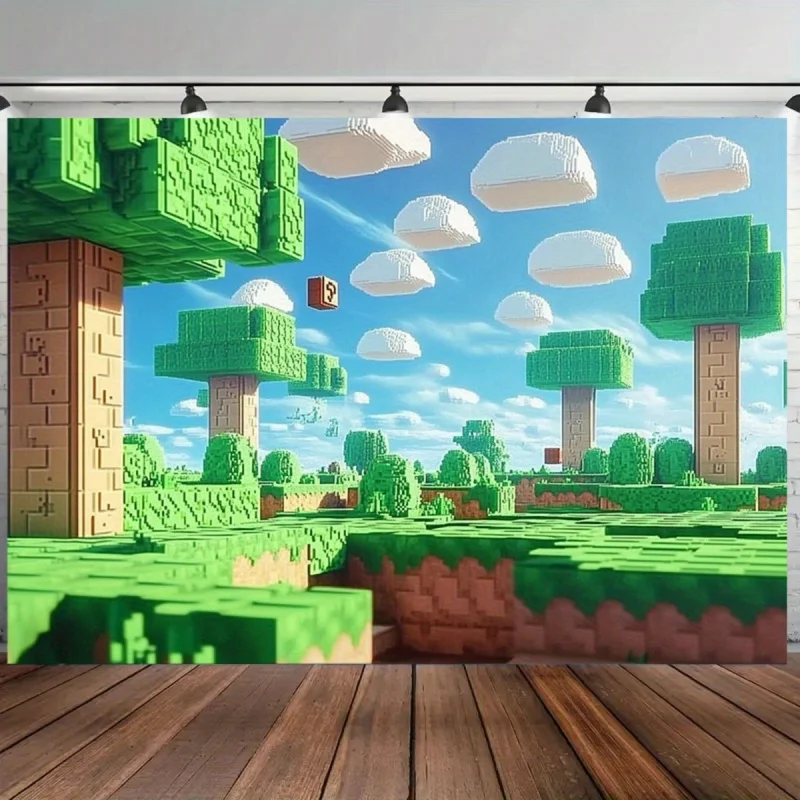 1Pixel Game Banner - retro Video Game Design，Green squares and blue sky，Vintage Style