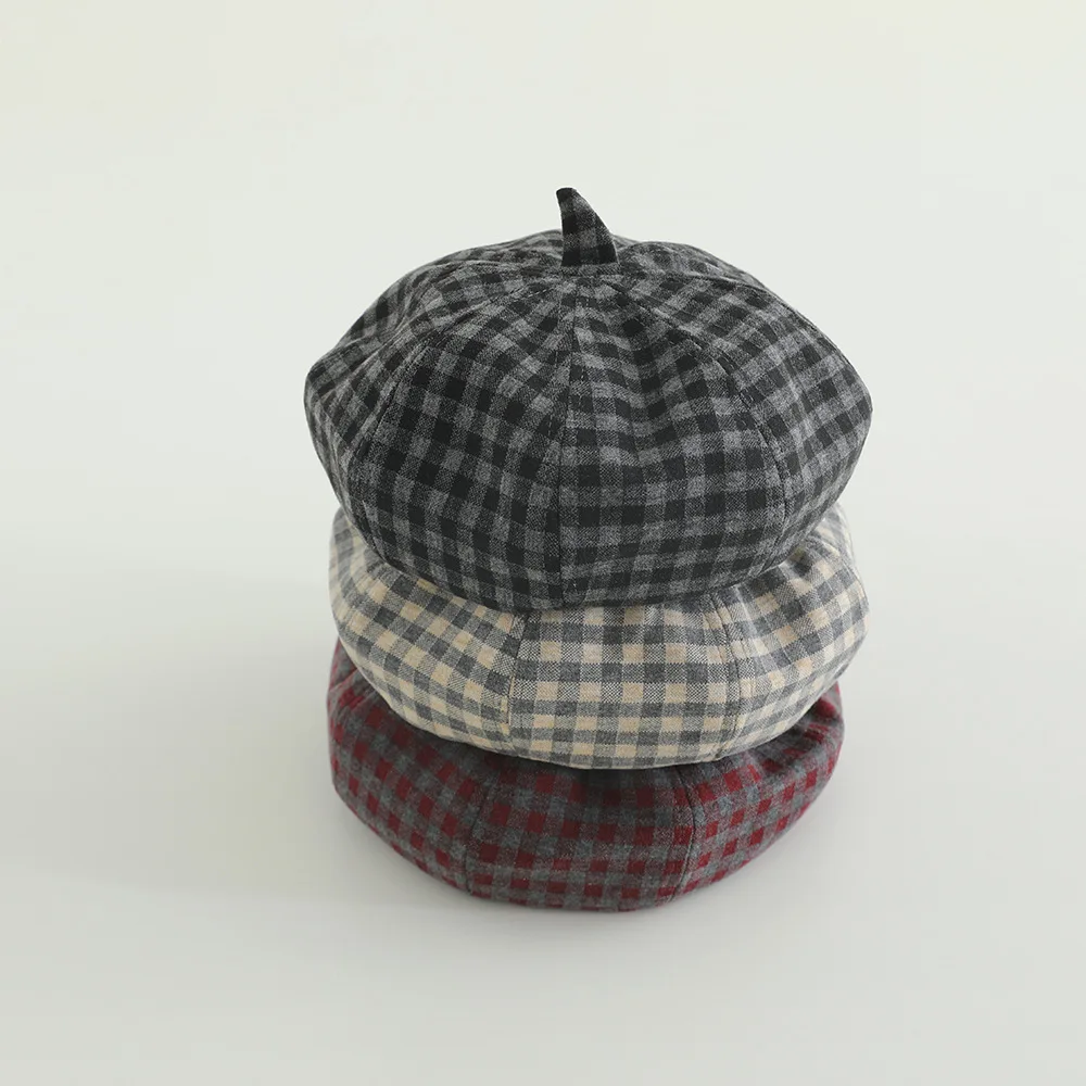 Winter Herbst Baby Baskenmütze Beanie Hüte Plaid Muster Warme Hüte Kinder Nette Katze Ohr Hut Weiche Kinder Motorhaube für 2-6 jahre Image