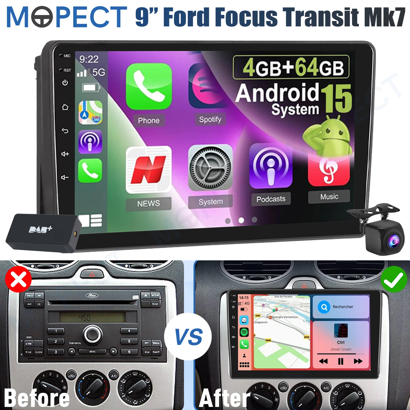 MOPECT 4+64GB Für Ford Transit MK7 2007-2014 / Ford Focus 2005-2008 Android 15 Carplay Autoradio GPS Navi BT+DAB&DVR+AHD Image