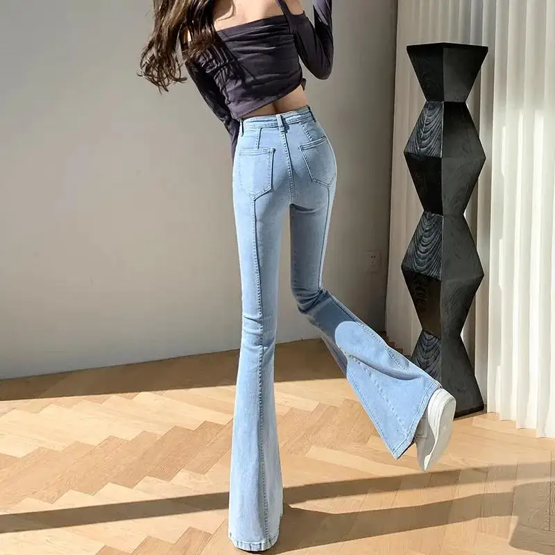 Damen Jeans Flare Hose Ausgestellte Damenhose Bell-Bottom Blau mit Taschen Hohe Taille Shot Harajuku Mode Chic und Elegant A