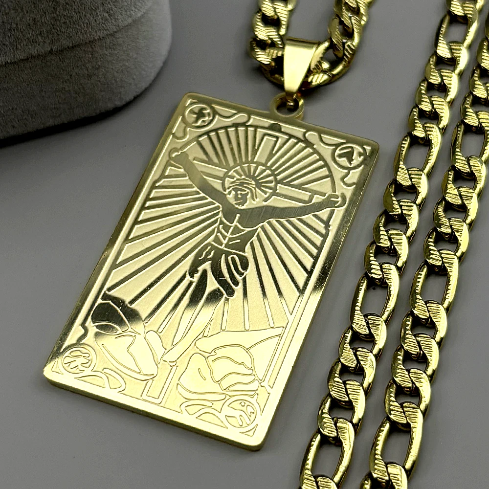 Edelstahl Christliches Göttliches Barmherziges Jesus-Kreuz Kruzifix-Anhänger Halskette für Männer und Frauen, Goldfarben Hip-Hop-Kette Schmuck Geschenk Image