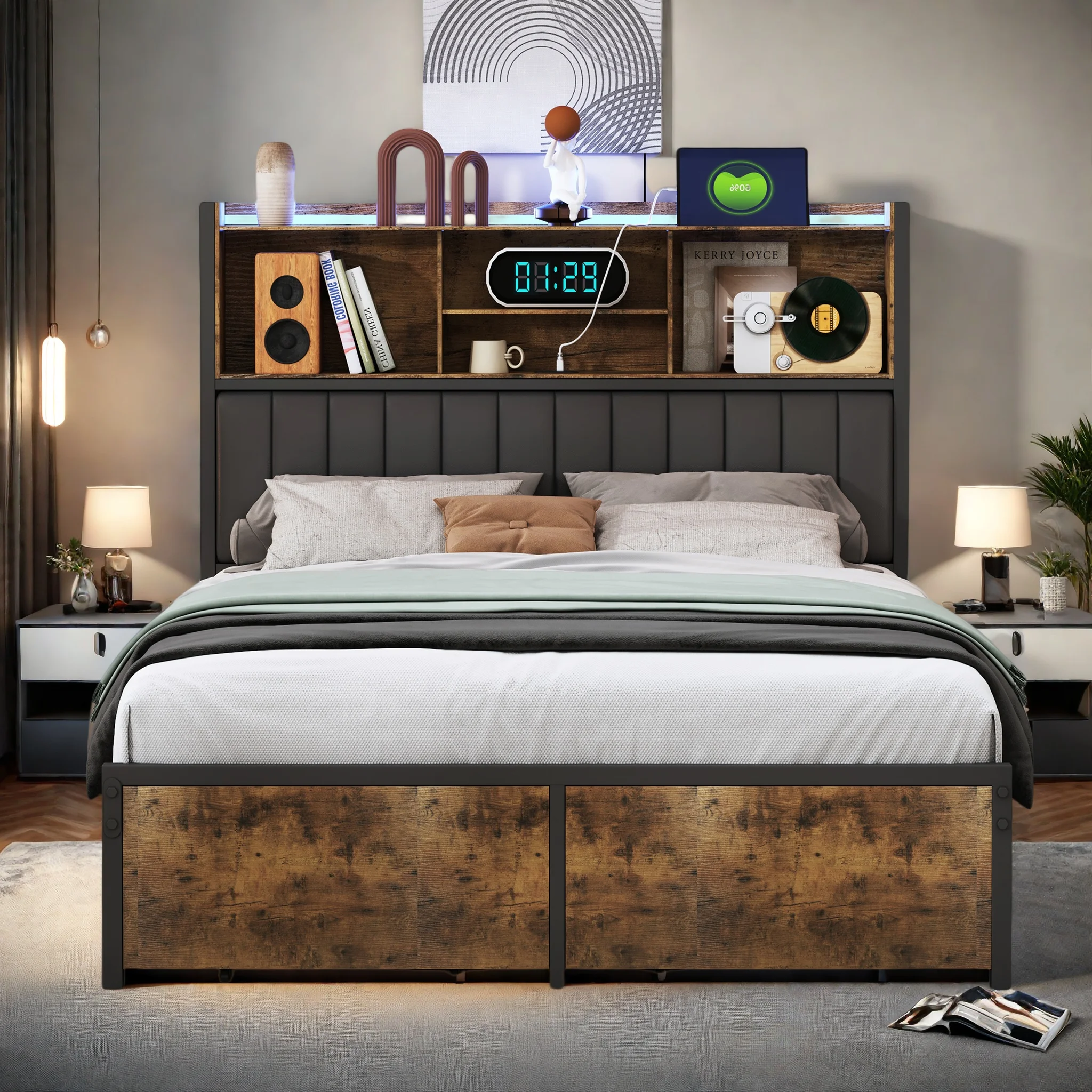 Superaly 140x200cm Polsterbett, Doppelbett mit LED-Beleuchtungsstreifen und USB-Ladeanschluss, 2 Schubladen, Stauraum Image