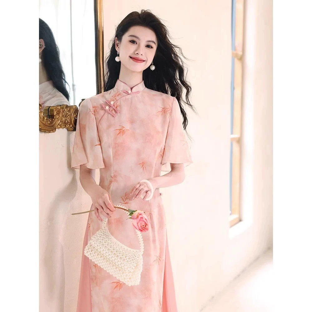 Neue Rosa Blumen Cheongsam Kleid frauen Elegante Chiffon Qipao Kurzarm Sommer Kleid Chinesische Casual Party Tragen Kostenloser Versand