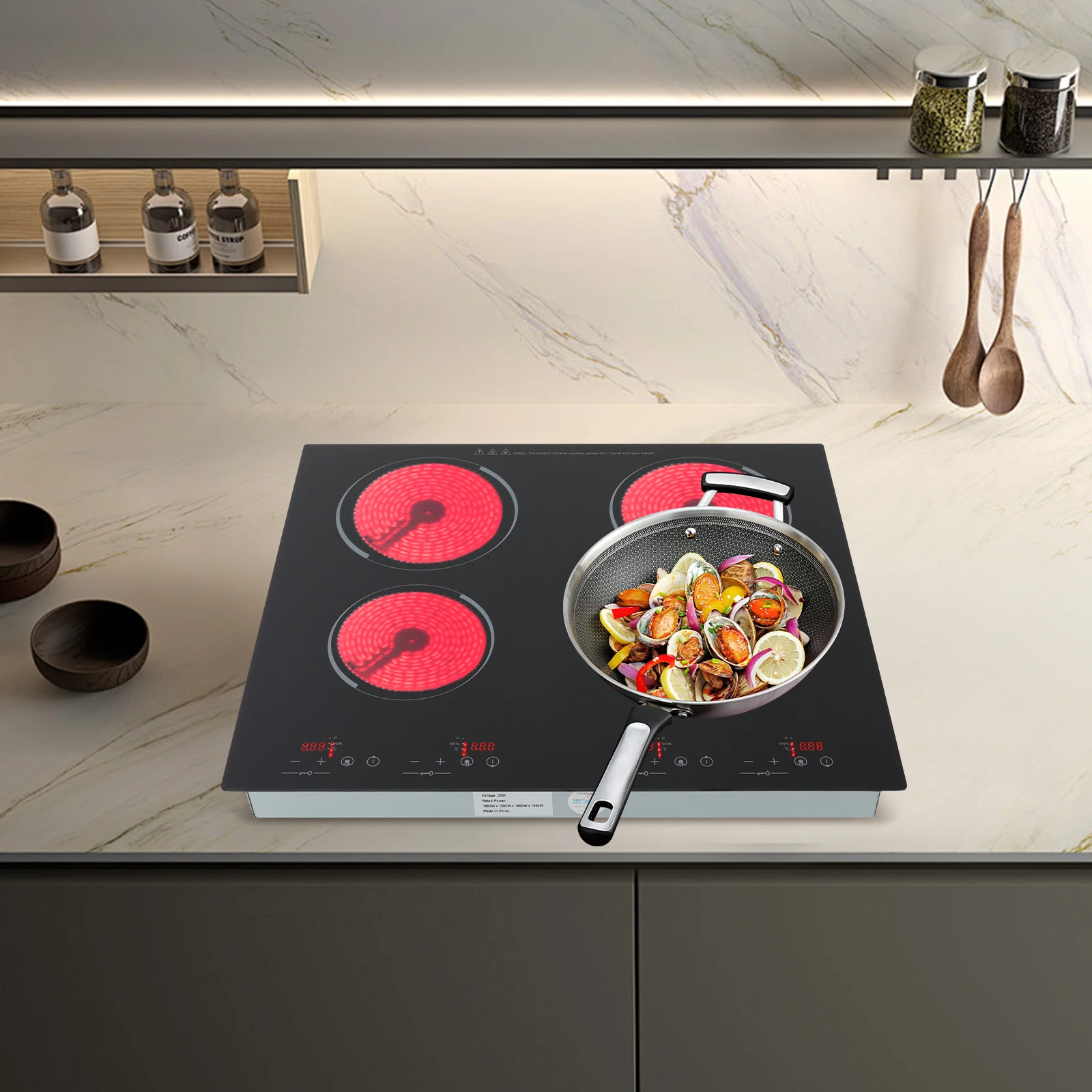 Elektrisches Keramik-Kochfeld mit 4 Zonen – 6000 W Infrarot-Kochfeld, 9 Leistungsstufen, Timer, Touch-Steuerung, integrierte Installation Image
