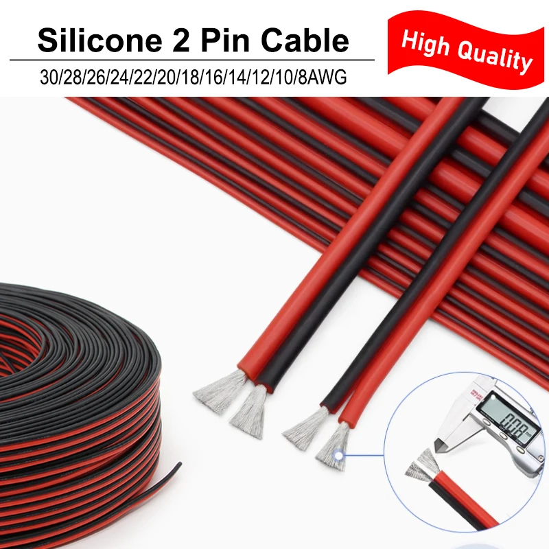 1 ~ 20 m schwarzes rotes Silikon-2-Pin-Kabel 30 28 26 24 22 20 18 16 14 12 10 8AWG Hochtemperatur-elektronisches weiches verzinntes Kupferkabel Image