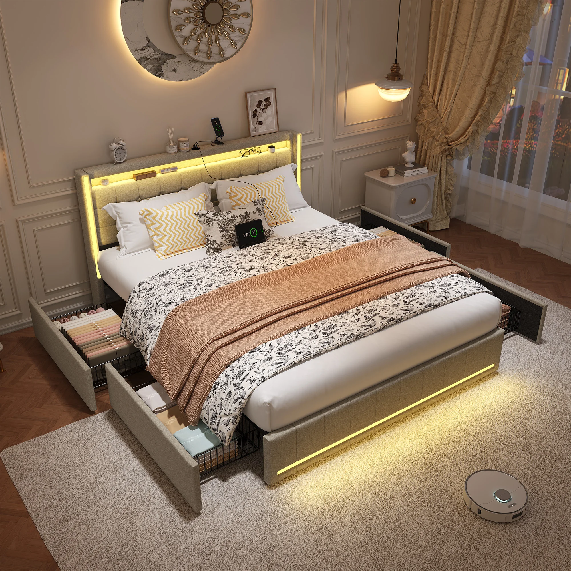 Anajqaqia 160×200cm Erwachsenenbett, gepolstertes Doppelbett, Jugendbett, mit LED und USB, 4 Schubladen, Kopfteil mit Stauraum, Leinen Image